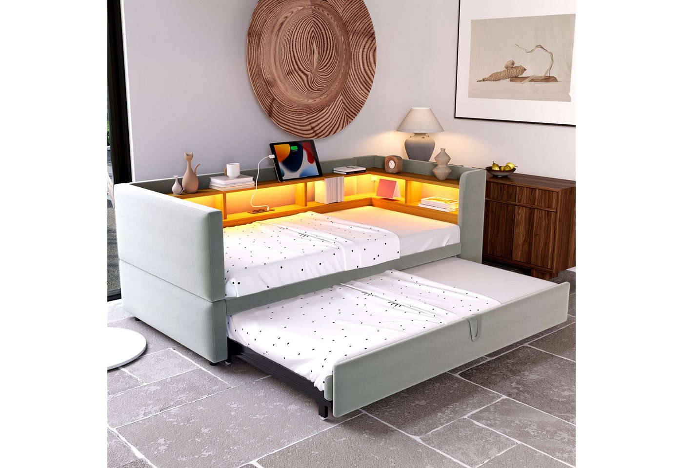 Merax Daybett (Einzelbett/Doppelbett), Polsterbett mit Ausziehbett, Schlafsofa aus Samt, 90/180x190 cm – Bild 3 von 5