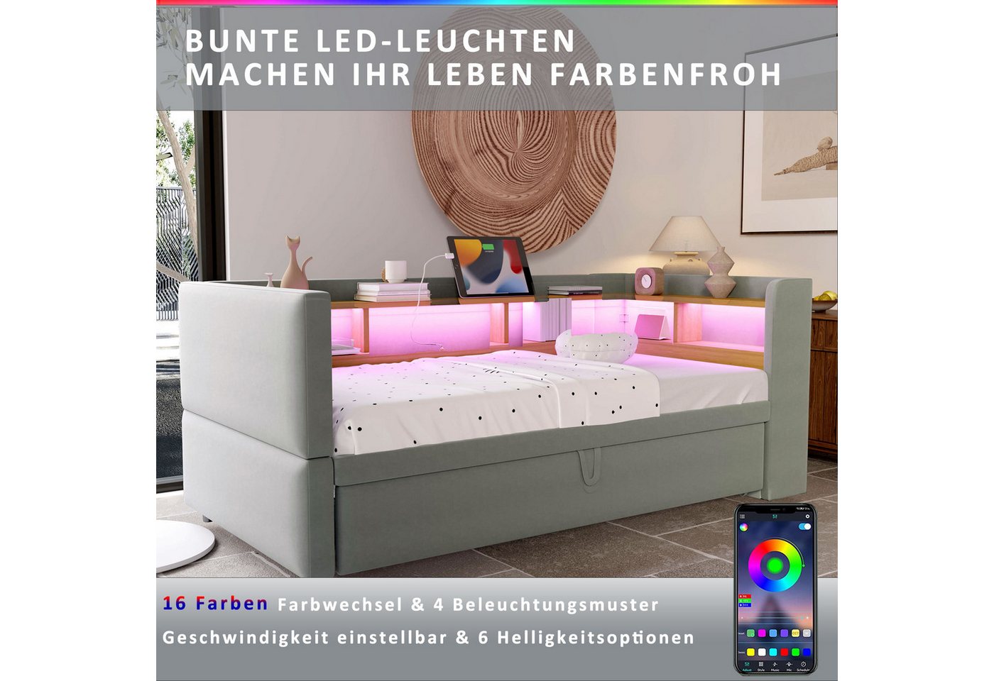Merax Daybett (Einzelbett/Doppelbett), Polsterbett mit Ausziehbett, Schlafsofa aus Samt, 90/180x190 cm – Bild 5 von 5