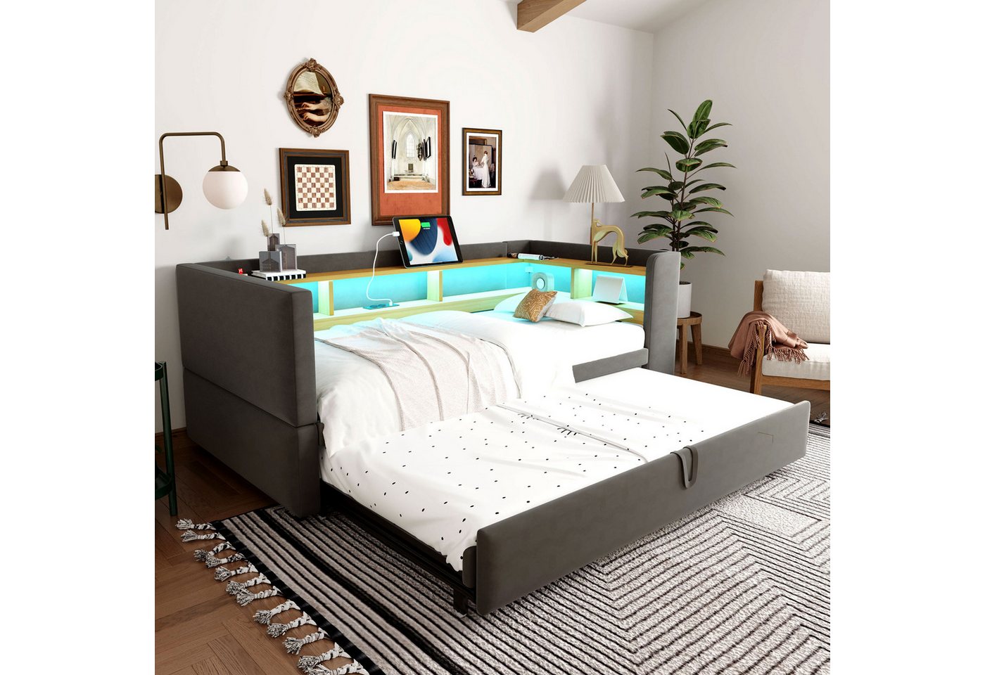 Merax Daybett (Einzelbett/Doppelbett), Polsterbett mit Ausziehbett, Schlafsofa aus Samt, 90/180x190 cm – Bild 2 von 5