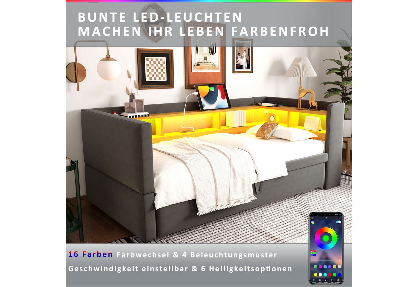 Merax Daybett (Einzelbett/Doppelbett), Polsterbett mit Ausziehbett, Schlafsofa aus Samt, 90/180x190 cm – Bild 3 von 5