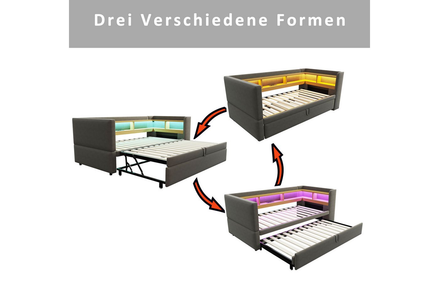 Merax Daybett (Einzelbett/Doppelbett), Polsterbett mit Ausziehbett, Schlafsofa aus Samt, 90/180x190 cm – Bild 4 von 5