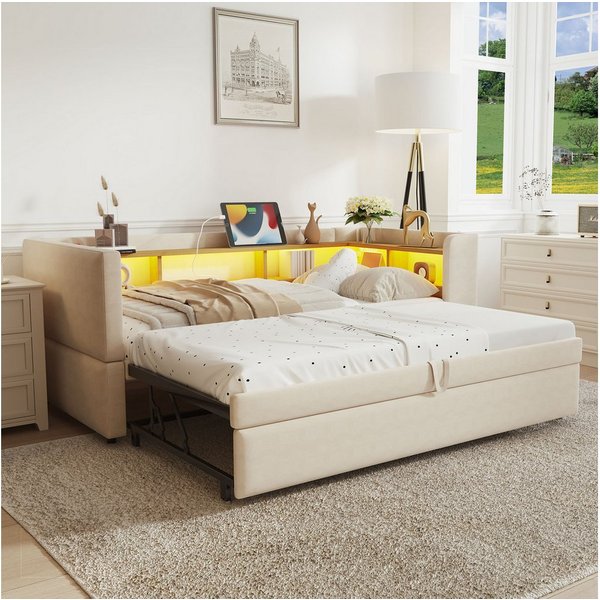 Merax Daybett (Einzelbett/Doppelbett), Polsterbett mit Ausziehbett, Schlafsofa aus Samt, 90/180x190 cm