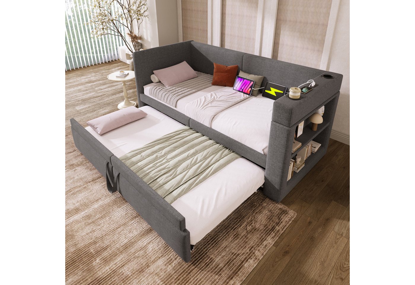 Merax Daybett mit Getränkehalter, Ladeanschluss und Stauraumfächern (Tagesbett Polsterbett Sofabett Kinderbett, 1 tlg), Schlafsofa 90x200cm mit Ausziehbett 90x1 – Bild 2 von 5