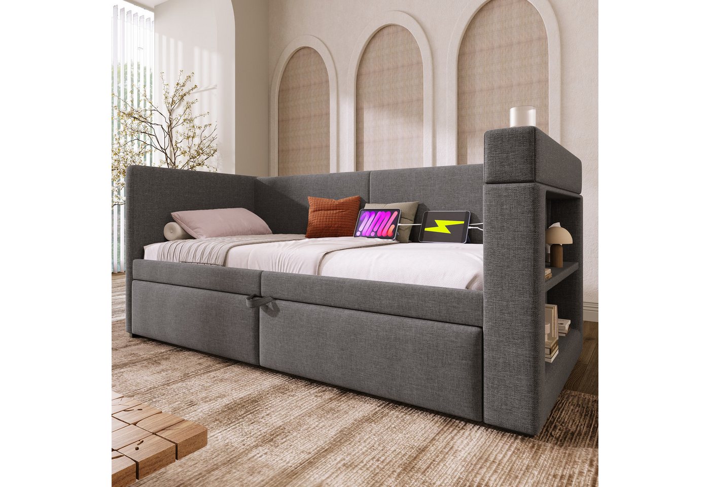 Merax Daybett mit Getränkehalter, Ladeanschluss und Stauraumfächern (Tagesbett Polsterbett Sofabett Kinderbett, 1 tlg), Schlafsofa 90x200cm mit Ausziehbett 90x1 – Bild 3 von 5