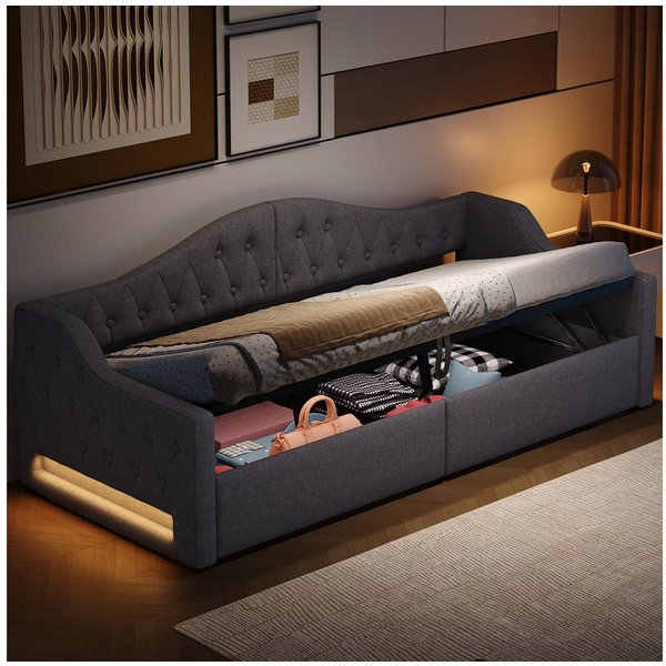 Merax Daybett mit hydraulischem Stauraum (Schlafsofa Sofabett Jugendbett Kinderbett Polsterbett, 1 tlg), Tagesbett 90x200cm mit LED-Beleuchtung Lattenrost Rücke