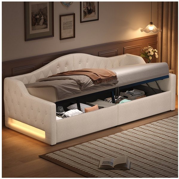 Merax Daybett mit hydraulischem Stauraum (Schlafsofa Sofabett Jugendbett Kinderbett Polsterbett, 1 tlg), Tagesbett 90x200cm mit LED-Beleuchtung Lattenrost Rücke