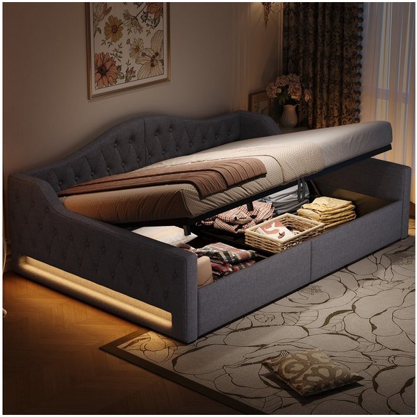 Merax Daybett mit hydraulischem Stauraum (Schlafsofa Sofabett Jugendbett Kinderbett Polsterbett, 1 tlg), Tagesbett 140x200cm mit LED-Beleuchtung Lattenrost Rück