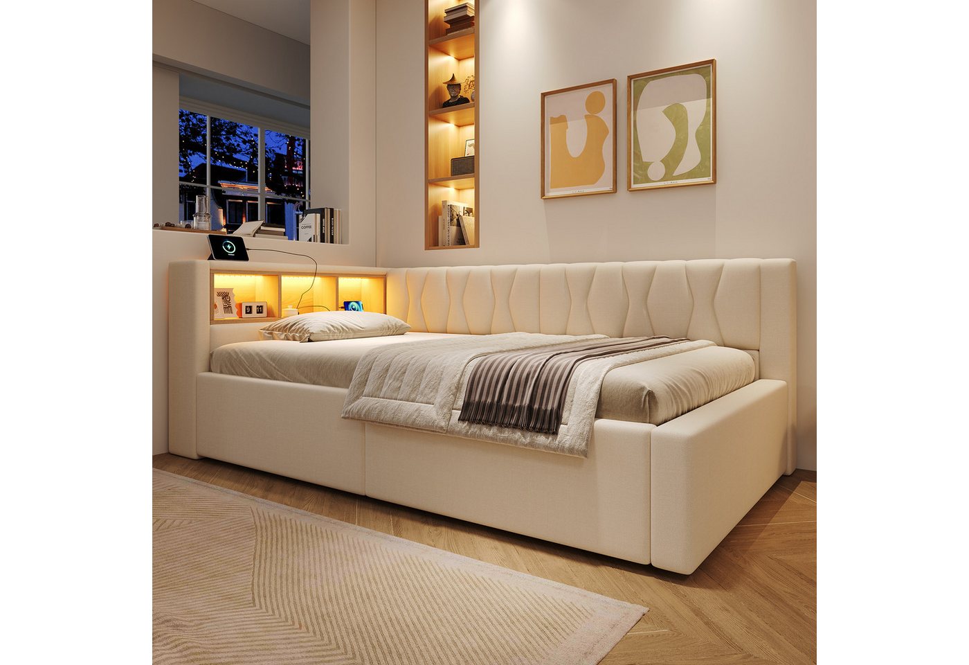 Merax Daybett mit LED-Beleuchtung, Schlafsofa Polsterbett mit hydraulischem Stauraum (1 tlg), Tagesbett 90x200cm mit Seitenregalen und USB-Anschluss, Leinenbezu – Bild 2 von 5