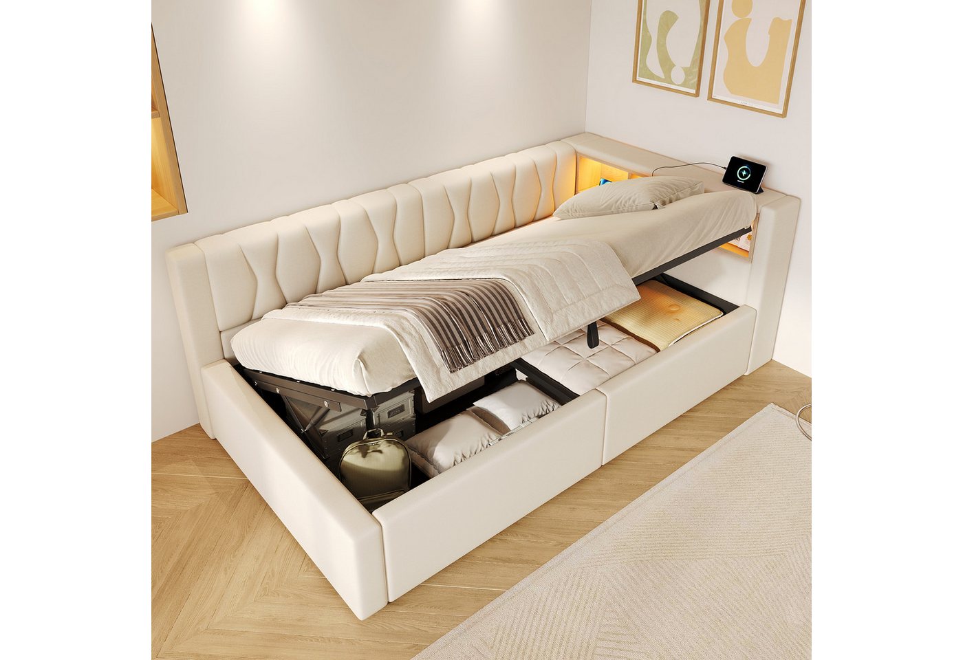 Merax Daybett mit LED-Beleuchtung, Schlafsofa Polsterbett mit hydraulischem Stauraum (1 tlg), Tagesbett 90x200cm mit Seitenregalen und USB-Anschluss, Leinenbezu – Bild 3 von 5