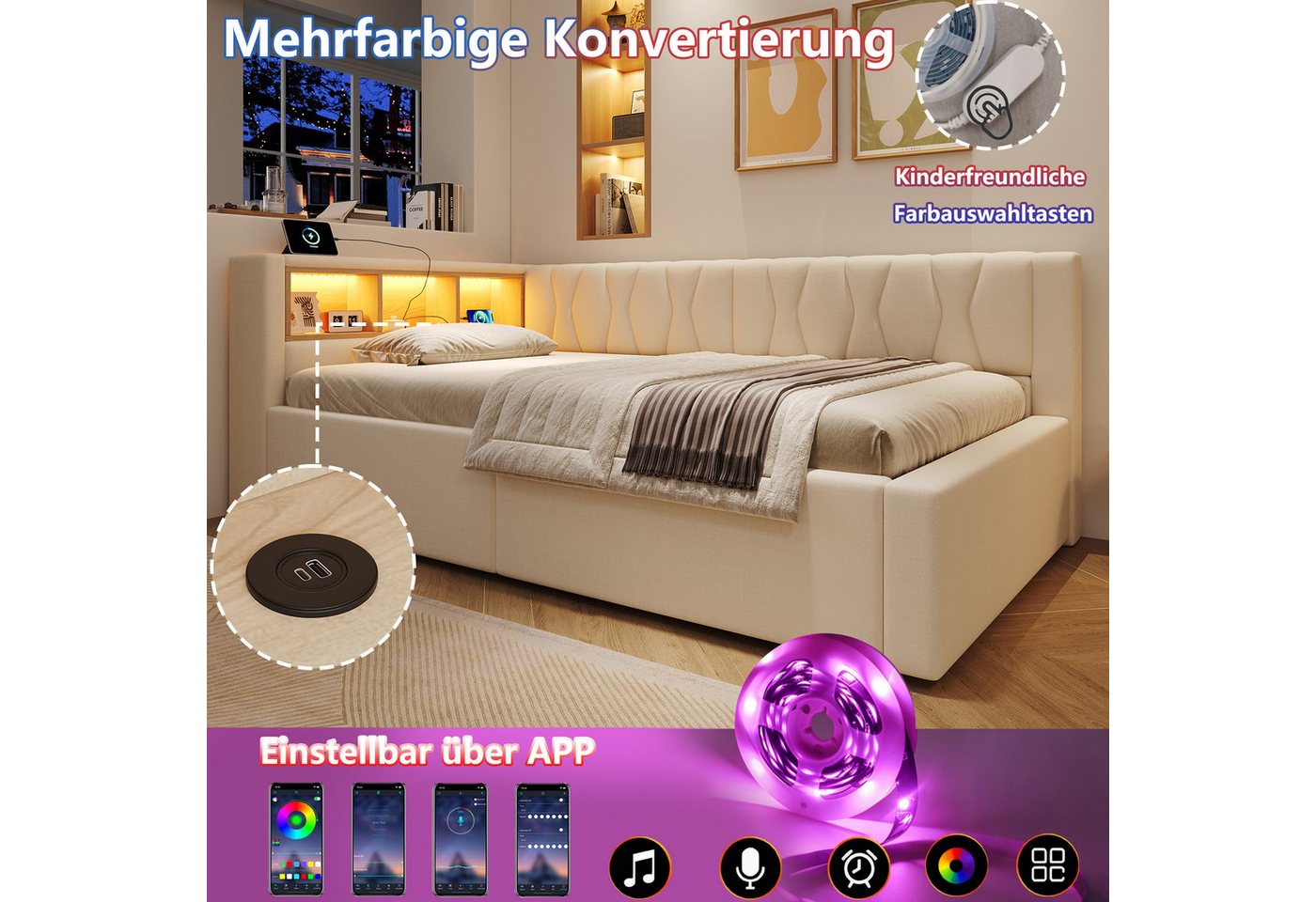 Merax Daybett mit LED-Beleuchtung, Schlafsofa Polsterbett mit hydraulischem Stauraum (1 tlg), Tagesbett 90x200cm mit Seitenregalen und USB-Anschluss, Leinenbezu – Bild 4 von 5