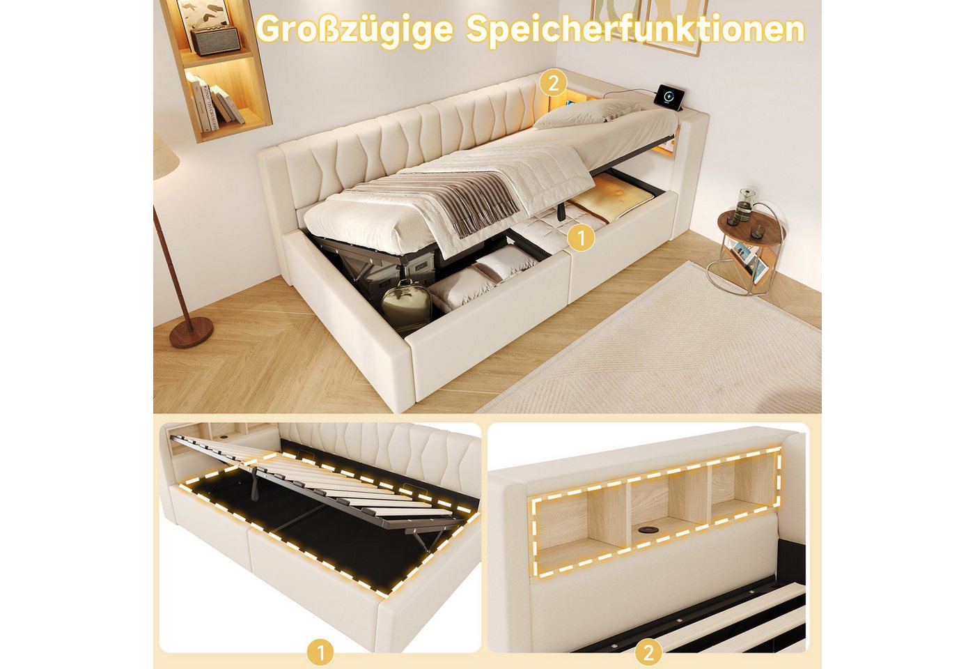 Merax Daybett mit LED-Beleuchtung, Schlafsofa Polsterbett mit hydraulischem Stauraum (1 tlg), Tagesbett 90x200cm mit Seitenregalen und USB-Anschluss, Leinenbezu – Bild 5 von 5