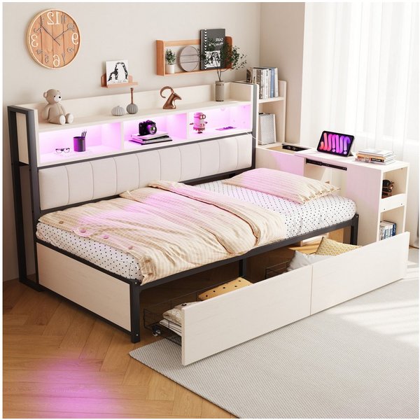 Merax Daybett mit LED-Beleuchtung, Steckdosen & großem Stauraum, Eisenbett (Sofabett Schlafsofa Jugendbett Kinderbett Einzelbett Metallbett, 1 tlg), Tagesbett m