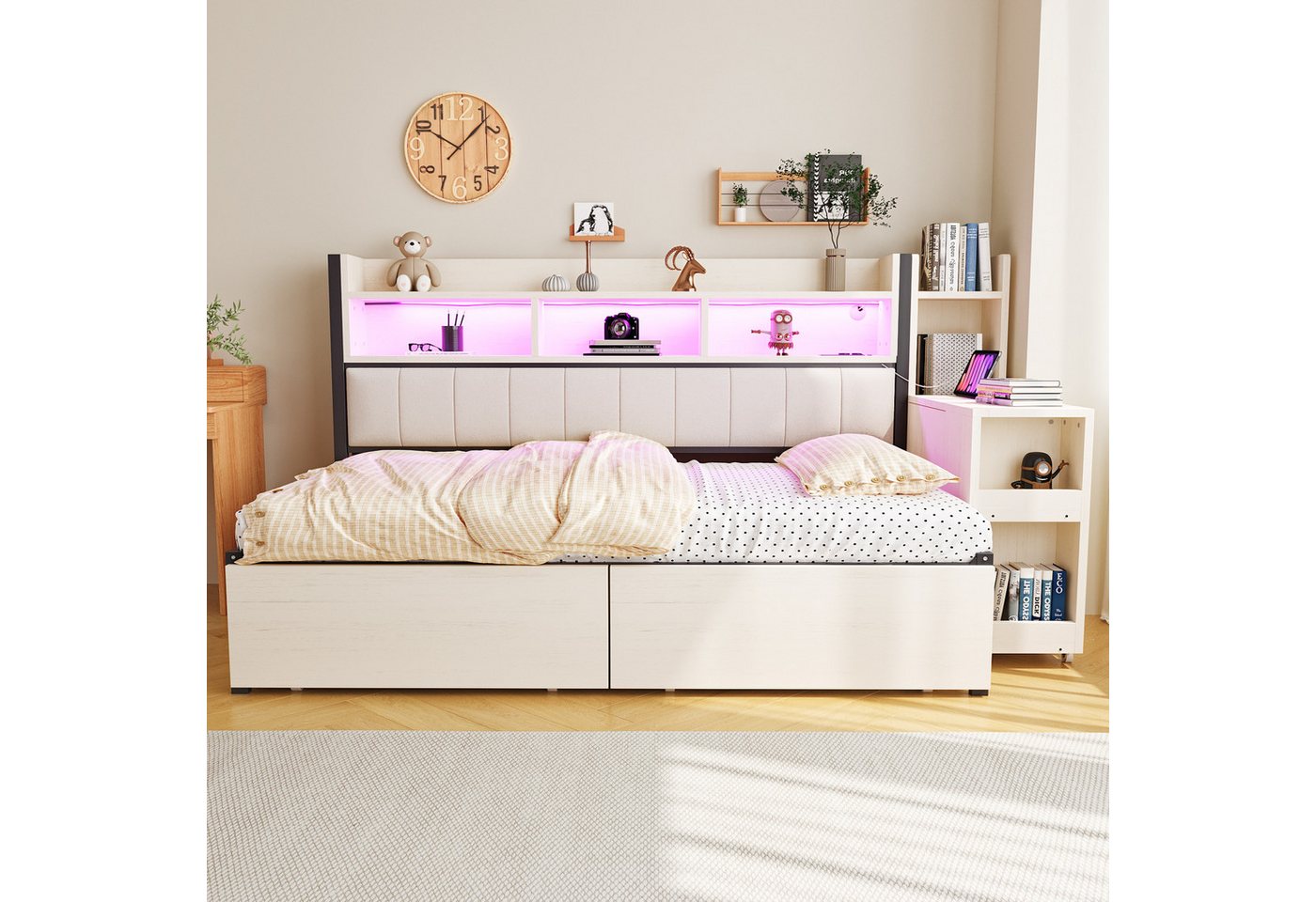 Merax Daybett mit LED-Beleuchtung, Steckdosen & großem Stauraum, Eisenbett (Sofabett Schlafsofa Jugendbett Kinderbett Einzelbett Metallbett, 1 tlg), Tagesbett m – Bild 2 von 5