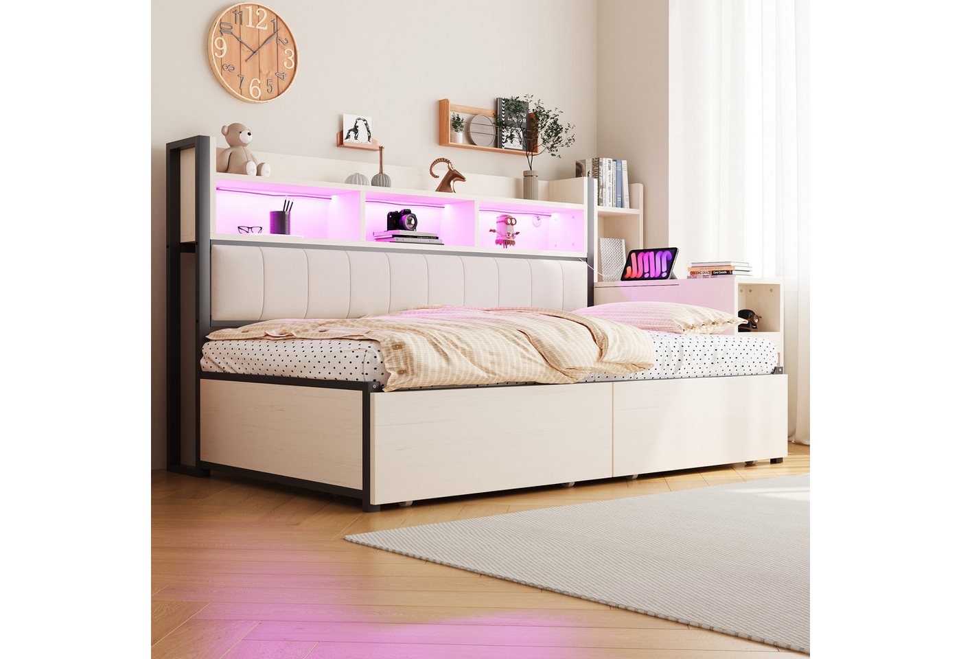Merax Daybett mit LED-Beleuchtung, Steckdosen & großem Stauraum, Eisenbett (Sofabett Schlafsofa Jugendbett Kinderbett Einzelbett Metallbett, 1 tlg), Tagesbett m – Bild 3 von 5