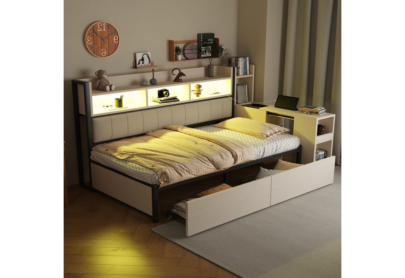 Merax Daybett mit LED-Beleuchtung, Steckdosen & großem Stauraum, Eisenbett (Sofabett Schlafsofa Jugendbett Kinderbett Einzelbett Metallbett, 1 tlg), Tagesbett m – Bild 4 von 5