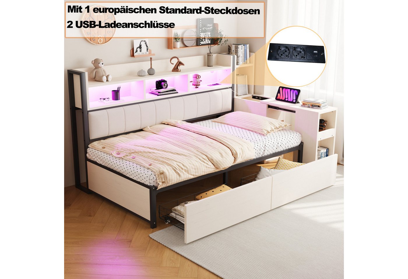 Merax Daybett mit LED-Beleuchtung, Steckdosen & großem Stauraum, Eisenbett (Sofabett Schlafsofa Jugendbett Kinderbett Einzelbett Metallbett, 1 tlg), Tagesbett m – Bild 5 von 5