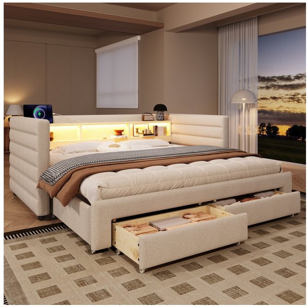 Merax Daybett mit LED- Beleuchtung, USB & Typ-C (Schlafsofa Sofabett Kinderbett Jugendbett, 1 tlg), Tagesbett 90x190cm mit Ausziehbett, 2 Schubladen & Ablagefac