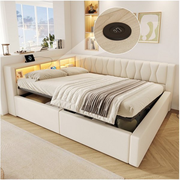 Merax Daybett mit LED-Beleuchtung, Schlafsofa Polsterbett mit hydraulischem Stauraum (1 tlg), Tagesbett 140x200cm mit Seitenregalen und USB-Anschluss, Leinenbez