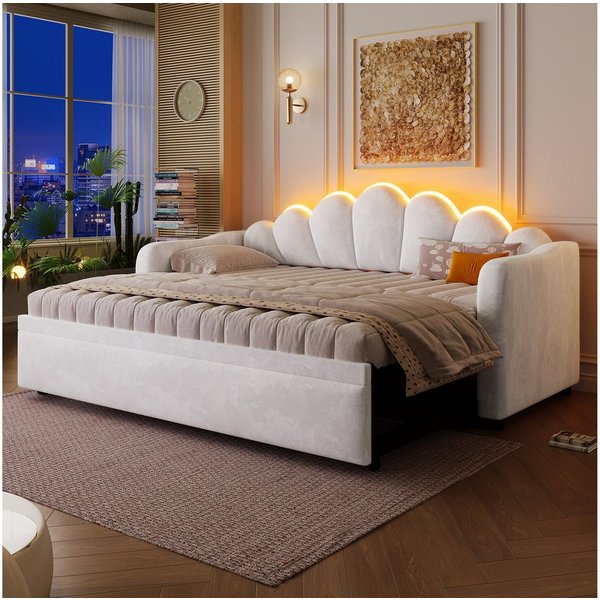 Merax Daybett mit LED-Beleuchtung, Schlafsofa aus Samt (Sofabett Jugendbett, 1 tlg), Tagesbett 90x200cm mit Ausziehbett & blütenförmigem Kopfteil