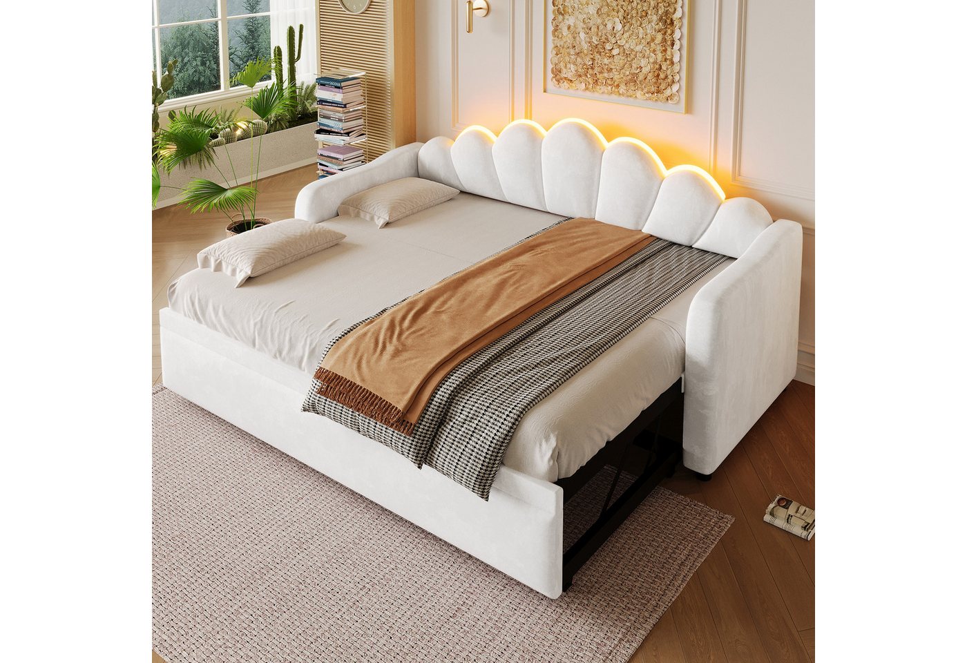 Merax Daybett mit LED-Beleuchtung, Schlafsofa aus Samt (Sofabett Jugendbett, 1 tlg), Tagesbett 90x200cm mit Ausziehbett & blütenförmigem Kopfteil – Bild 2 von 5