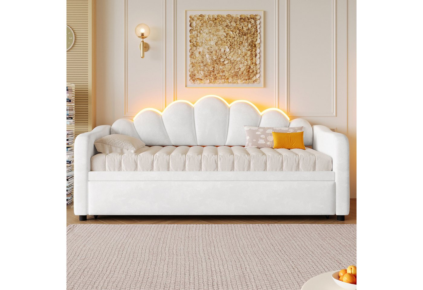 Merax Daybett mit LED-Beleuchtung, Schlafsofa aus Samt (Sofabett Jugendbett, 1 tlg), Tagesbett 90x200cm mit Ausziehbett & blütenförmigem Kopfteil – Bild 3 von 5