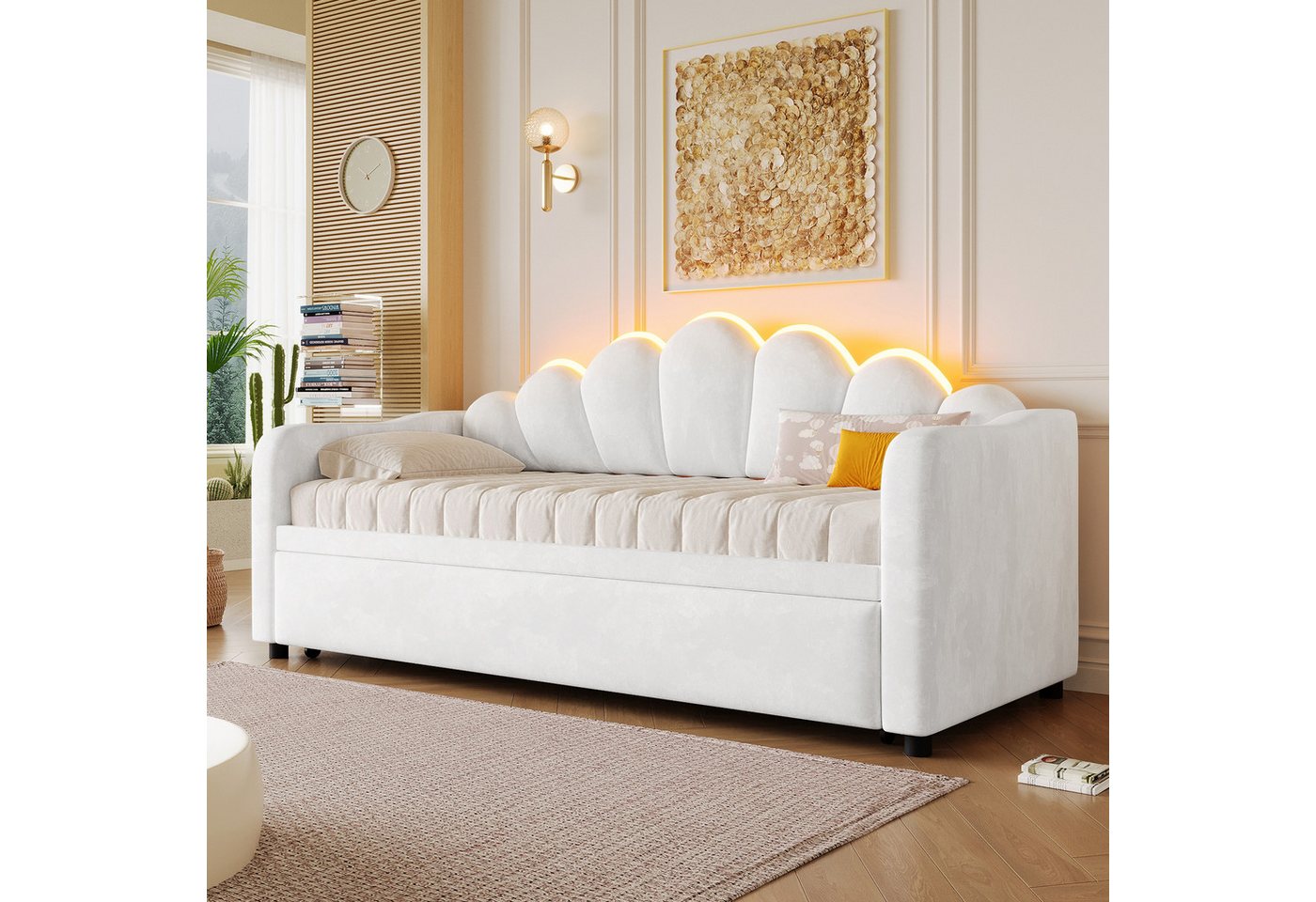 Merax Daybett mit LED-Beleuchtung, Schlafsofa aus Samt (Sofabett Jugendbett, 1 tlg), Tagesbett 90x200cm mit Ausziehbett & blütenförmigem Kopfteil – Bild 4 von 5