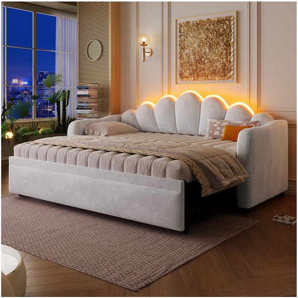 Merax Daybett mit LED-Beleuchtung, Schlafsofa aus Samt (Sofabett Jugendbett, 1 tlg), Tagesbett 90x200cm mit Ausziehbett & blütenförmigem Kopfteil