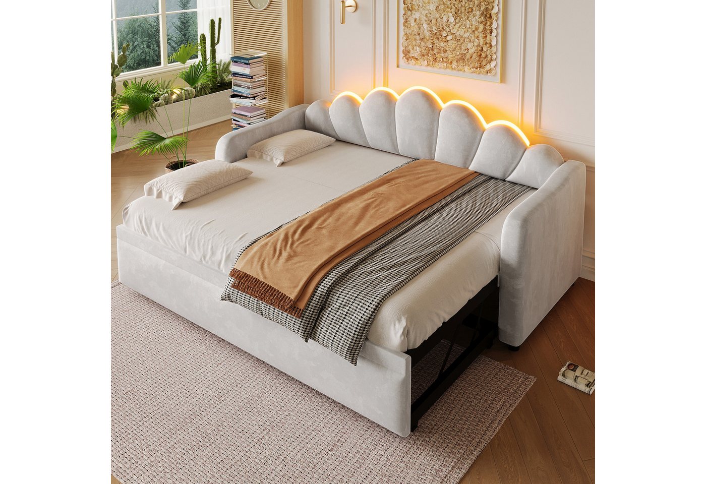 Merax Daybett mit LED-Beleuchtung, Schlafsofa aus Samt (Sofabett Jugendbett, 1 tlg), Tagesbett 90x200cm mit Ausziehbett & blütenförmigem Kopfteil – Bild 2 von 5