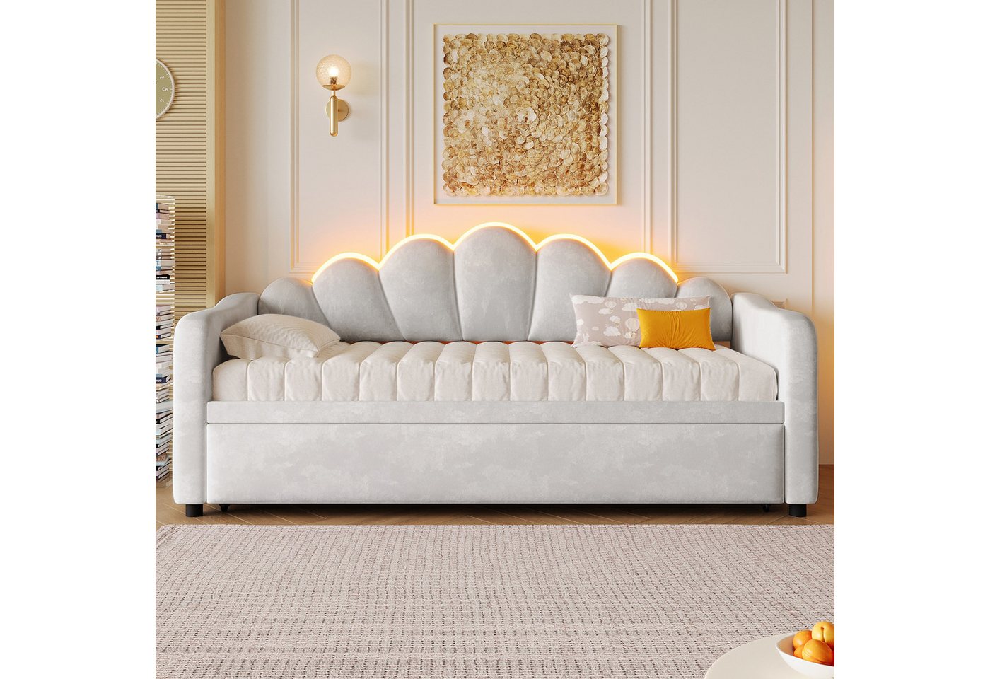 Merax Daybett mit LED-Beleuchtung, Schlafsofa aus Samt (Sofabett Jugendbett, 1 tlg), Tagesbett 90x200cm mit Ausziehbett & blütenförmigem Kopfteil – Bild 3 von 5