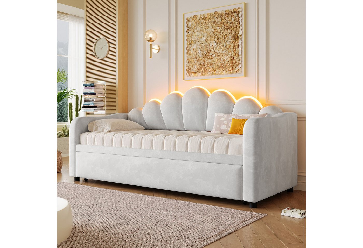 Merax Daybett mit LED-Beleuchtung, Schlafsofa aus Samt (Sofabett Jugendbett, 1 tlg), Tagesbett 90x200cm mit Ausziehbett & blütenförmigem Kopfteil – Bild 4 von 5