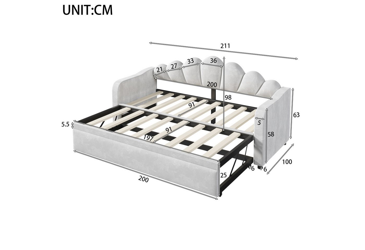Merax Daybett mit LED-Beleuchtung, Schlafsofa aus Samt (Sofabett Jugendbett, 1 tlg), Tagesbett 90x200cm mit Ausziehbett & blütenförmigem Kopfteil – Bild 5 von 5