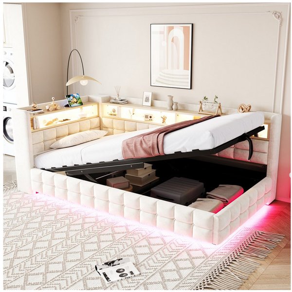 Merax Daybett mit LED-Beleuchtung und USB-Ladeanschlüssen (Jugendbett Kinderbett Einzelbett Sofabett aus Samtstoff, 1 tlg), Polsterbett Tagesbett 90x200cm mit h