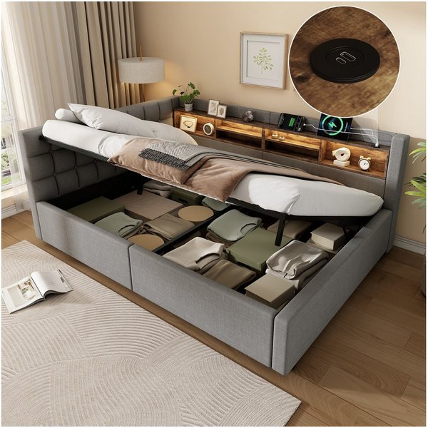Merax Daybett mit LED-Beleuchtung & USB-Anschluss, Polsterbett mit Leinenbezug (Schlafsofa Jugendbett, 1 tlg), Tagesbett 140x200cm mit hydraulischem Stauraum & 