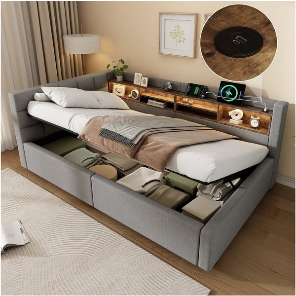 Merax Daybett mit LED-Beleuchtung & USB-Anschluss, Polsterbett mit Leinenbezug (Schlafsofa Jugendbett, 1 tlg), Tagesbett 90x200cm mit hydraulischem Stauraum & S