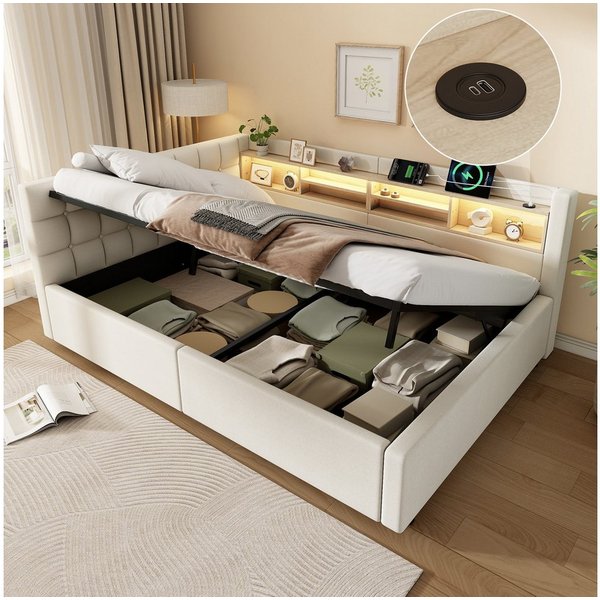 Merax Daybett mit LED-Beleuchtung & USB-Anschluss, Polsterbett mit Leinenbezug (Schlafsofa Jugendbett, 1 tlg), Tagesbett 140x200cm mit hydraulischem Stauraum & 