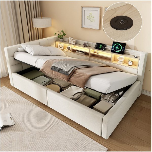 Merax Daybett mit LED-Beleuchtung & USB-Anschluss, Polsterbett mit Leinenbezug (Schlafsofa Jugendbett, 1 tlg), Tagesbett 90x200cm mit hydraulischem Stauraum & S