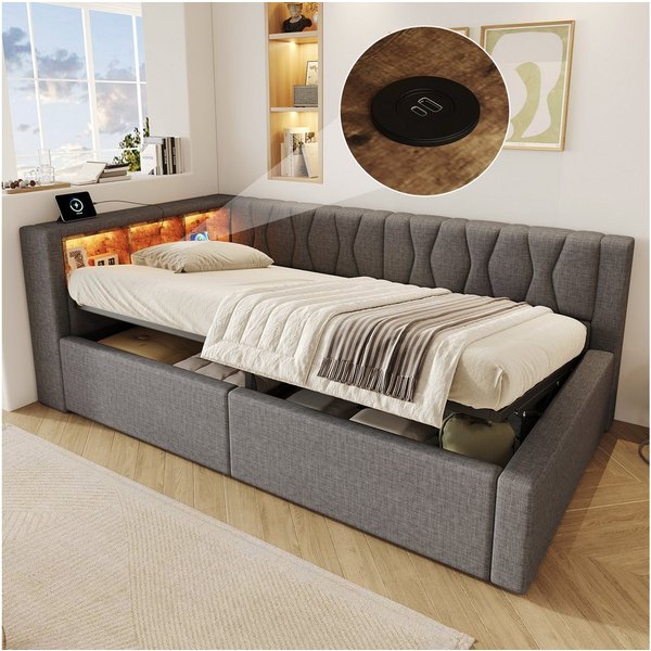 Merax Daybett mit LED-Beleuchtung, Schlafsofa Polsterbett mit hydraulischem Stauraum (1 tlg), Tagesbett 90x200cm mit Seitenregalen und USB-Anschluss, Leinenbezu