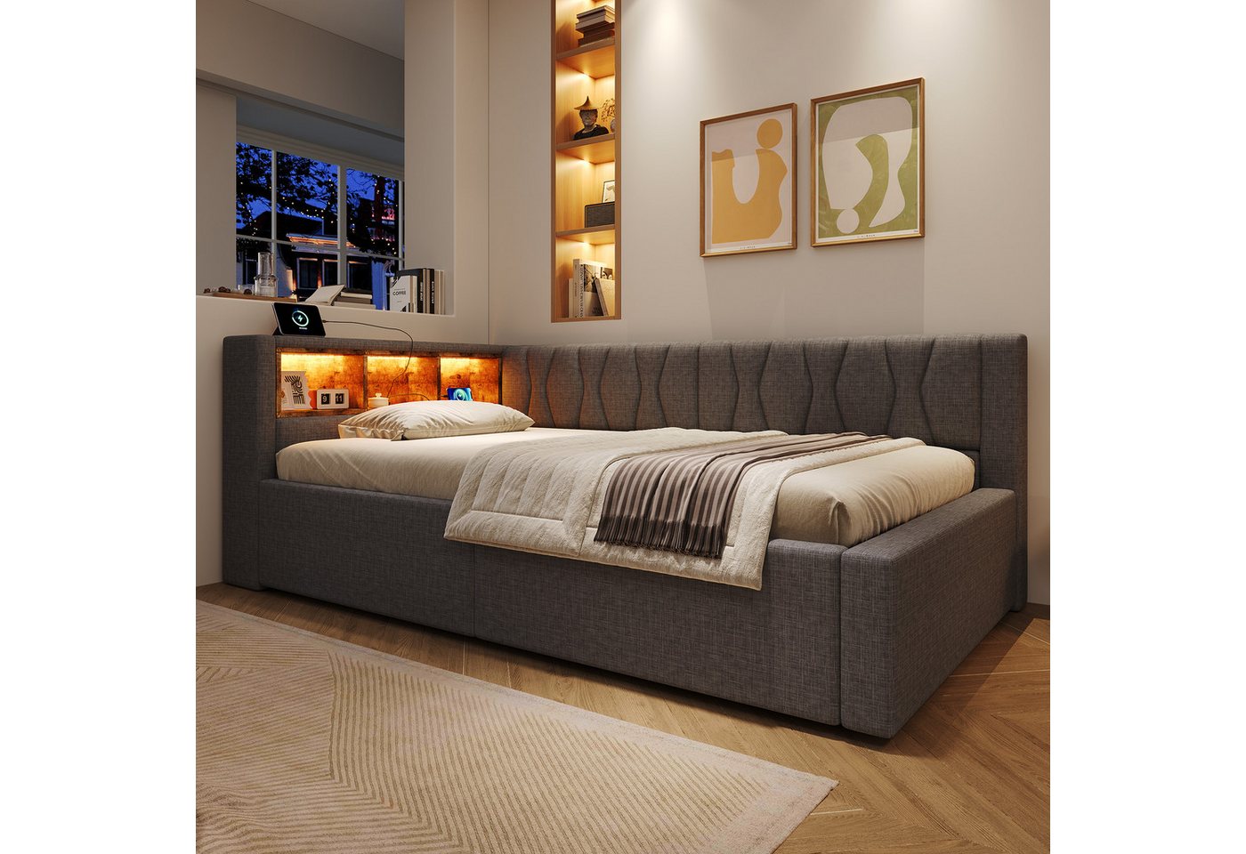 Merax Daybett mit LED-Beleuchtung, Schlafsofa Polsterbett mit hydraulischem Stauraum (1 tlg), Tagesbett 90x200cm mit Seitenregalen und USB-Anschluss, Leinenbezu – Bild 2 von 5