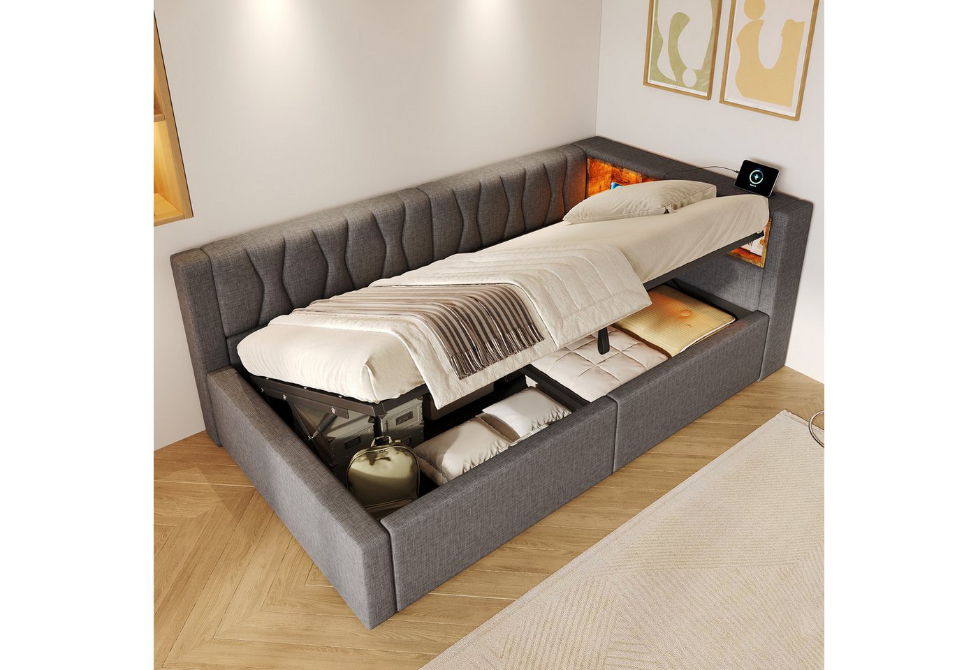 Merax Daybett mit LED-Beleuchtung, Schlafsofa Polsterbett mit hydraulischem Stauraum (1 tlg), Tagesbett 90x200cm mit Seitenregalen und USB-Anschluss, Leinenbezu – Bild 3 von 5
