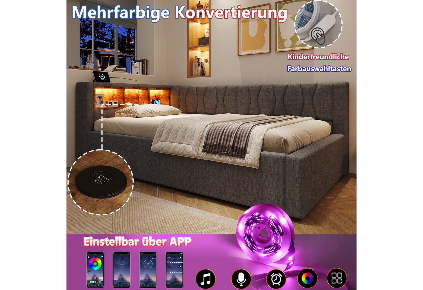 Merax Daybett mit LED-Beleuchtung, Schlafsofa Polsterbett mit hydraulischem Stauraum (1 tlg), Tagesbett 90x200cm mit Seitenregalen und USB-Anschluss, Leinenbezu – Bild 4 von 5