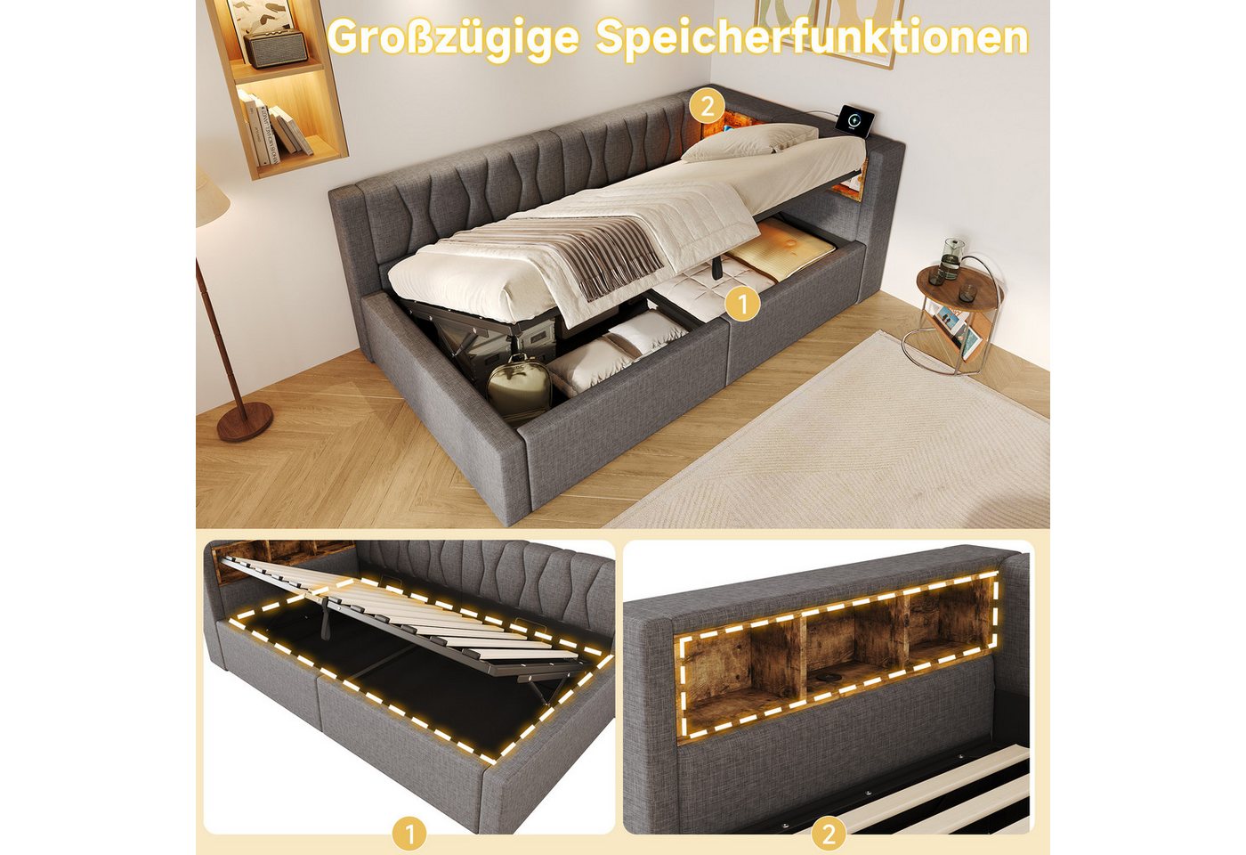 Merax Daybett mit LED-Beleuchtung, Schlafsofa Polsterbett mit hydraulischem Stauraum (1 tlg), Tagesbett 90x200cm mit Seitenregalen und USB-Anschluss, Leinenbezu – Bild 5 von 5