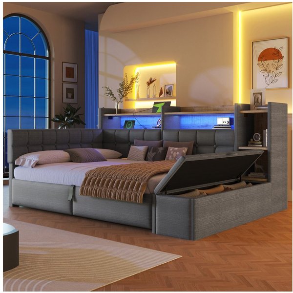 Merax Daybett mit LED Lichtleiste, USB, Typ-C & Bettkasten, Samt (Schlafsofa Sofabett Jugendbett Kinderbett Doppelbett, 1 tlg), Tagesbett 140x200cm mit hydrauli