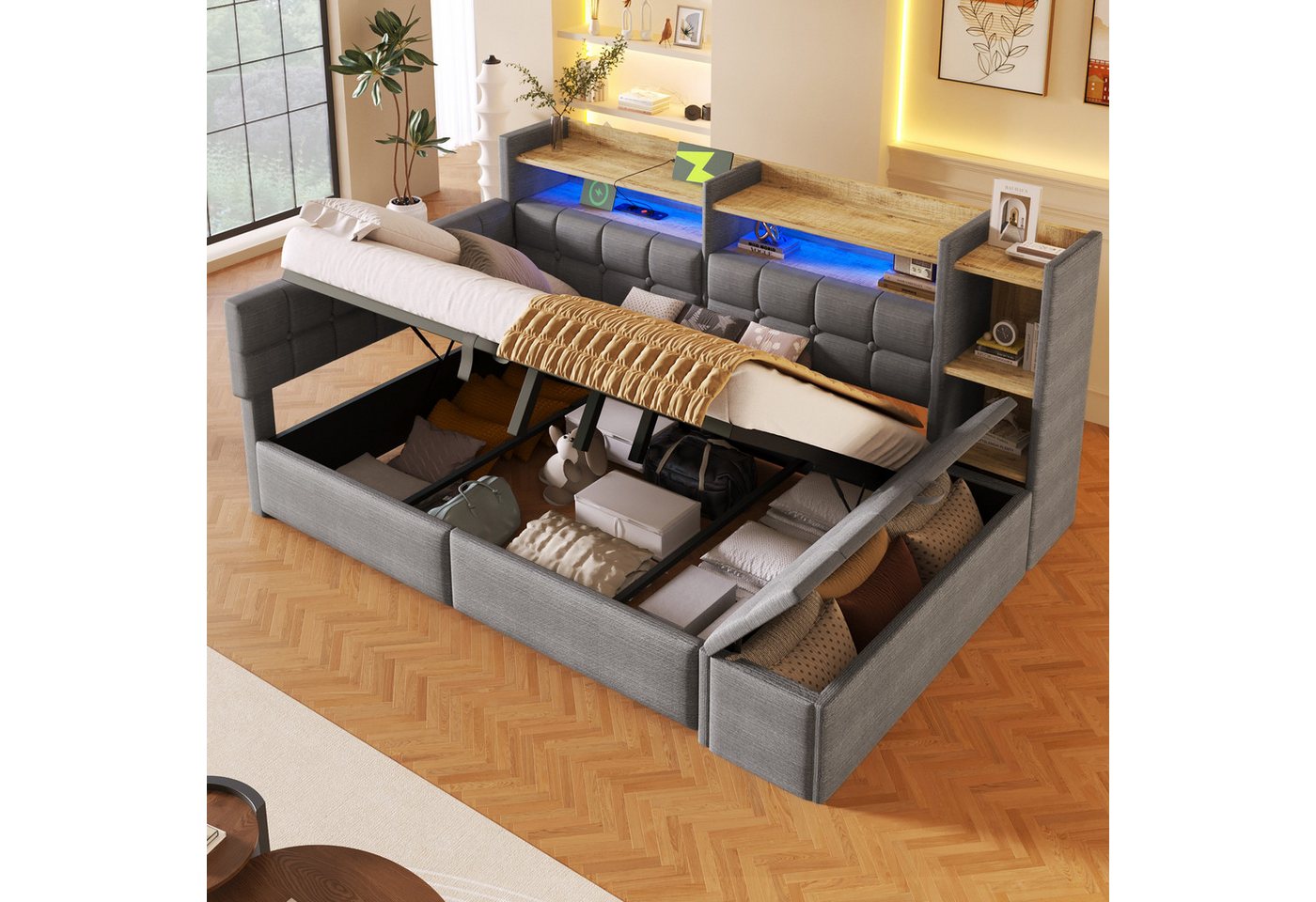 Merax Daybett mit LED Lichtleiste, USB, Typ-C & Bettkasten, Samt (Schlafsofa Sofabett Jugendbett Kinderbett Doppelbett, 1 tlg), Tagesbett 140x200cm mit hydrauli – Bild 2 von 5