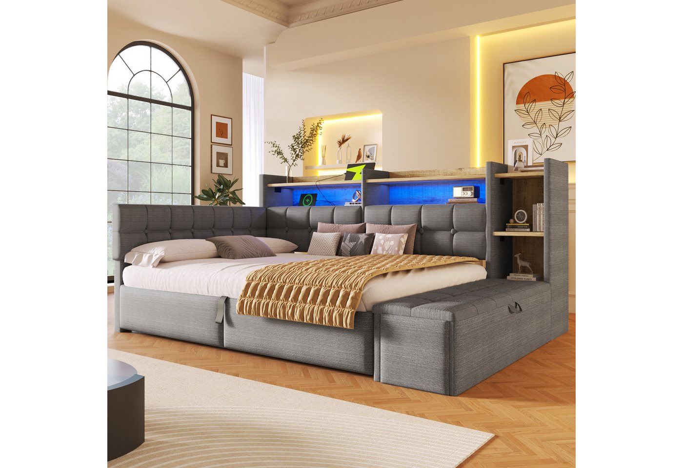 Merax Daybett mit LED Lichtleiste, USB, Typ-C & Bettkasten, Samt (Schlafsofa Sofabett Jugendbett Kinderbett Doppelbett, 1 tlg), Tagesbett 140x200cm mit hydrauli – Bild 3 von 5