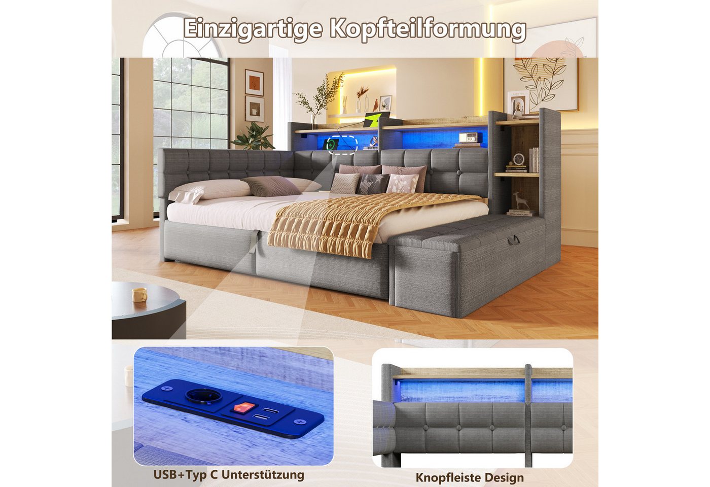 Merax Daybett mit LED Lichtleiste, USB, Typ-C & Bettkasten, Samt (Schlafsofa Sofabett Jugendbett Kinderbett Doppelbett, 1 tlg), Tagesbett 140x200cm mit hydrauli – Bild 5 von 5