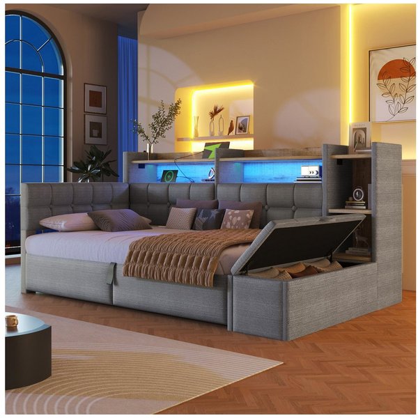 Merax Daybett mit LED Lichtleiste, USB, Typ-C & Bettkasten, Samt (Schlafsofa Sofabett Jugendbett Kinderbett Einzelbett, 1 tlg), Tagesbett 90x200cm mit hydraulis