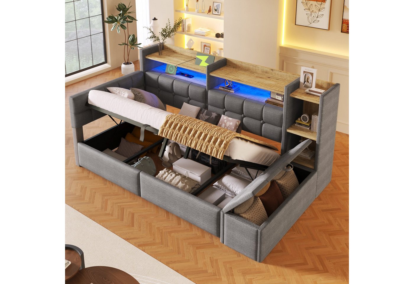 Merax Daybett mit LED Lichtleiste, USB, Typ-C & Bettkasten, Samt (Schlafsofa Sofabett Jugendbett Kinderbett Einzelbett, 1 tlg), Tagesbett 90x200cm mit hydraulis – Bild 2 von 5