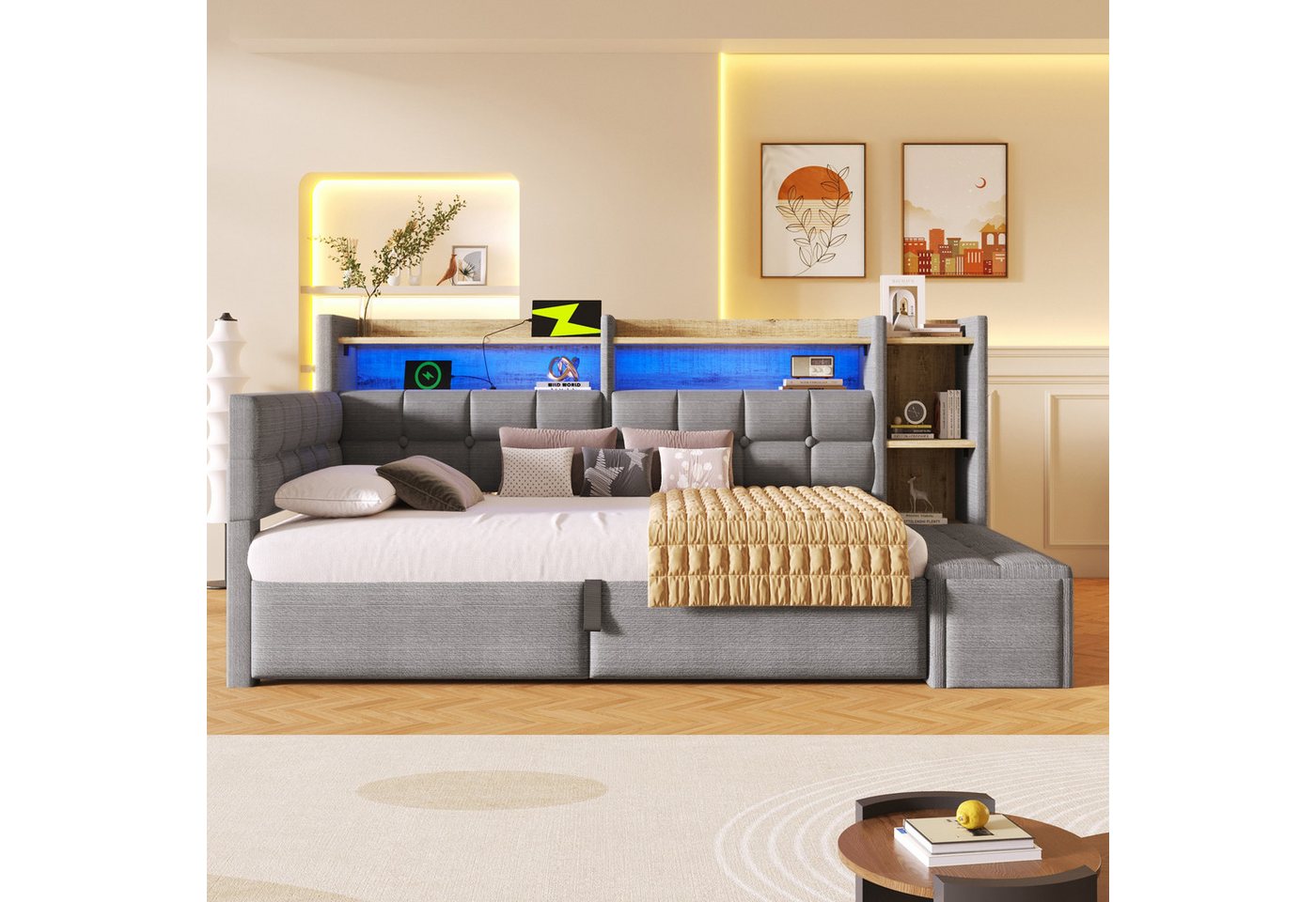 Merax Daybett mit LED Lichtleiste, USB, Typ-C & Bettkasten, Samt (Schlafsofa Sofabett Jugendbett Kinderbett Einzelbett, 1 tlg), Tagesbett 90x200cm mit hydraulis – Bild 3 von 5