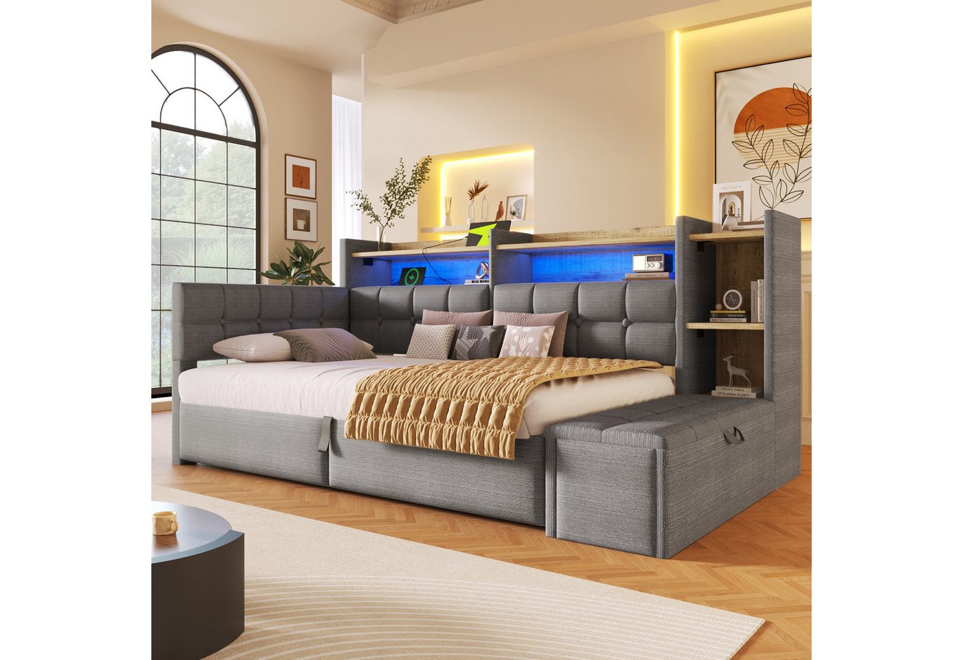 Merax Daybett mit LED Lichtleiste, USB, Typ-C & Bettkasten, Samt (Schlafsofa Sofabett Jugendbett Kinderbett Einzelbett, 1 tlg), Tagesbett 90x200cm mit hydraulis – Bild 4 von 5