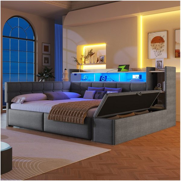 Merax Daybett mit LED Lichtleiste, USB & Typ-C, Samt (Schlafsofa Sofabett Jugendbett Kinderbett, 1 tlg), Tagesbett 140x190cm mit Schubladen,Ablagefach,Stauraumb